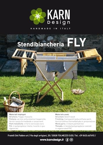 Klappwäscheständer Karn Fly aus Buchenholz – Platzsparender Wäscheständer 15 m für Innen- und Außenbereich – Robustes, zusammenklappbares Modell Made in Italy