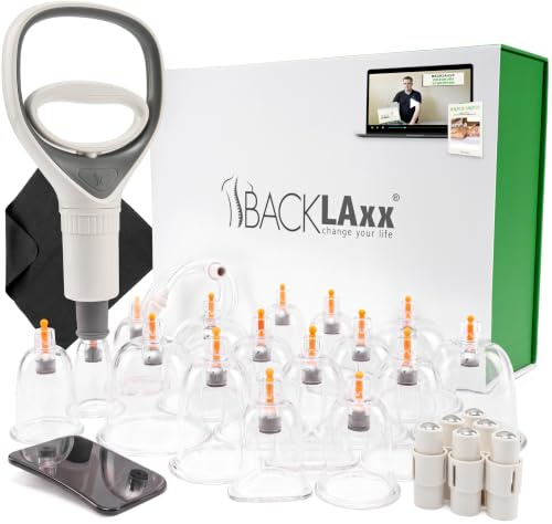 BACKLAXX® Schröpfgläser Schröpfset 16 Stk mit Vakuumpumpe, Cupping Set | Schröpfen Set: 16 bruchsichere Schröpfgläser, 6 Therapiemagnete, Pumpe, Schlauch & Faszienschaber, Videokurs & eBook
