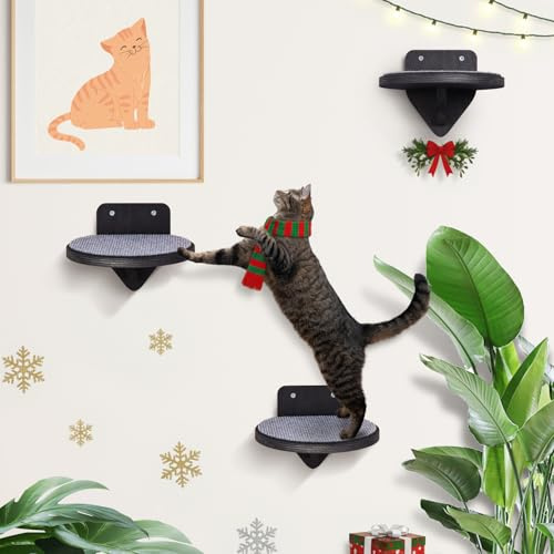 XL Premium Kletterwand Katzen aus Birkenholz | 3er-Set Katzentreppen mit Kratzflächen | Wandmontage Katzenleiter | Kletternetz für Katzen (Dunkle, XL)