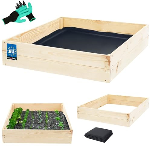 KOTARBAU® Hochbeet für Garten - 120 x 120 x 18 cm - Gemüsebeet - Pflanzkasten mit Vlies - Kräuterbeet + Handschuhe mit Krallen - Blumenkasten aus Kiefernholz - Natürlich
