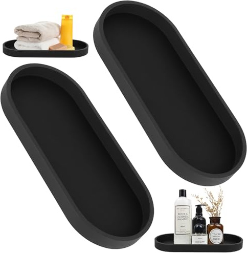 2 Stück Dekotablett Deko Tablett, Badezimmer Tablett Schwarz Silikon Ablageschale, für Badewanne Küchen Toilette Schminktisch Kosmetisch Kerzen Tabletts (Oval, 24,8 x 11 x 2cm)