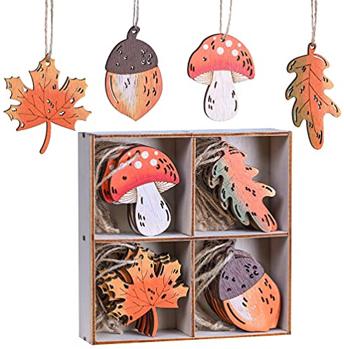 Valery Madelyn 24er Holz Deko Hänger Herbst Dekoration, 4.5-5.5cm Ahornblatt Kiefernzapfen Pilz Blätter Herbstdeko Bunte bemalt Fensterhänger mit Schnur zum Aufhängen Fall Decor Halloween