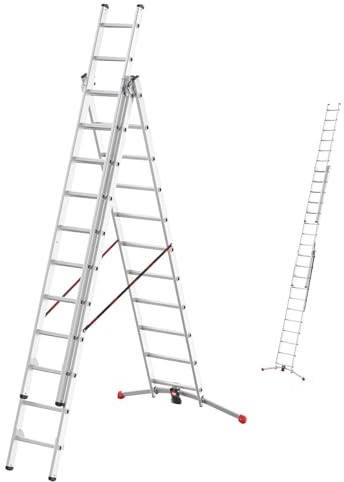 Hailo S95 HobbyLOT Mehrzweckleiter 3x11 Sprossen Arbeitshöhe 696 cm 150 kg | gleicht Unebenheiten bis 10 cm aus, Einstellung per Fußpedal, platzsparend klappbar für Innen- und Außenbereich