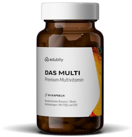 edubily® Das Multi - Multivitamin Kapseln als umfassende Mikronährstoff-Basis - mit 20 Mikronährstoffen, PQQ & Q10 - ohne unnötige Zusätze - 1 Kapsel täglich (90 Kapseln mit Iod)
