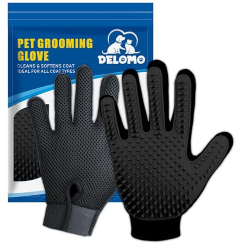 DELOMO Haustierpflege-Handschuhe - Katzenbürsten für sanftes Haaren - Effiziente Haarentfernungshandschuhe - Waschhandschuhe für Hunde mit langem & kurzem Haar, Katzen & Pferde - 1 Paar (Schwarz)