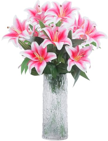 Olrla künstliche Lilienblume Rosa 60cm Lange, 8 blühende Köpfe 4 Knospen 3D Druck künstliche Tigerlilie für Hochzeit Zuhause Büro Dekoration Tischdekoration (Rosa)