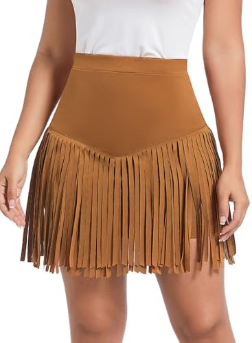 Damen Doppelschicht Fransen Rock - Sexy Rave Festival Outfit Mode Western Cowgirl Outfit Hohe Taille Skort Sommer Konzert Party Skirt Punk Techno Gothic Kleidung Minirock
