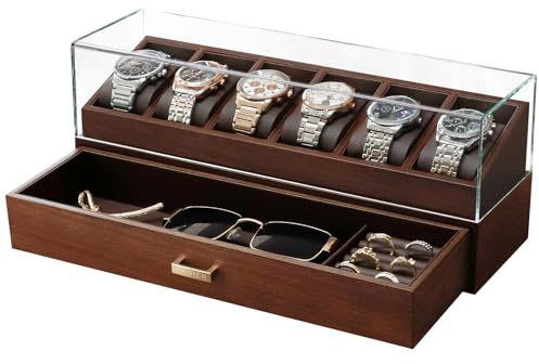 KAMIER Uhrenbox 6 Uhren 2 Ebenen, Uhrenaufbewahrungsbox mit Schublade
