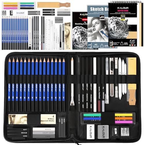 KALOUR PDAS 58-teiliges Zeichenset, Skizzen-Set, Skizzenzubehör mit 3-farbigem Skizzenbuch, A5-Skizzenbuch, Tutorial, Graphit- und Kohlestifte, professionelles Kunst-Zeichenset für Künstler