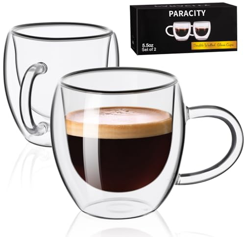 ParaCity Espressotassen 2er Set, doppelt isolierte Latte Macchiato Gläser 180ml, doppelwandige Gläser mit Henkel, klare Cappuccinotassen, Reisen, Camping, Cappuccino/Latte/Tee/Kaffee