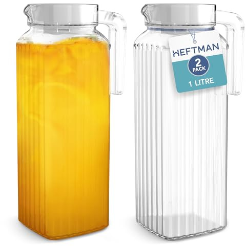 HEFTMAN Wasserkrug aus Glas für Kühlschrank – 2er-Pack (1 Liter) Krüge mit Deckel, geripptes Design, auslaufsicherer Auslauf, belüfteter Deckel, heiß/kalt, Eistee, Kaffee, Milch und Saft