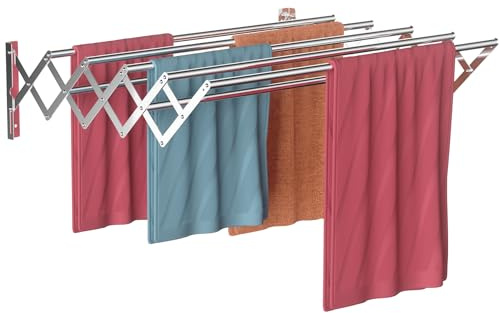 Gemsaya Wäscheständer Wandmontage, 42-80cm Wandtrockner Ausziehbar, Wäschetrockner Wand mit 7 Stangen, Silber Edelstahl Handtuchhalter Klappbar, Platzsparender Trockenständer Max. Tragkraft 30 kg