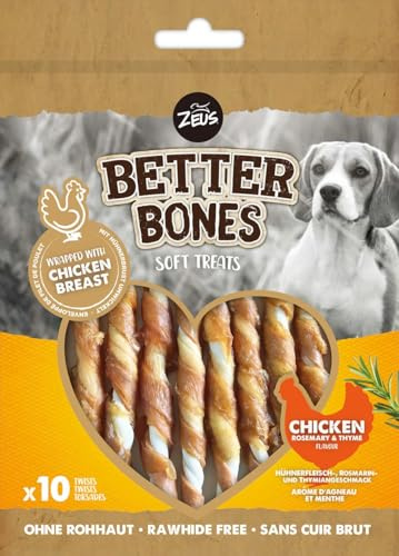 Zeus & Zoe BetterBones, gedrehte Kaustangen für Hunde, mit Hühnerfleisch-, Rosmarin- und Thymiangeschmack, 10 Stück, 114 g.