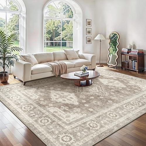 GENIMO Teppich Wohnzimmer 200x290 cm Großer Waschbar Mandel Beige Braun | Boho Vintage Orientalischer Teppiche, Kurzflor Wohnzimmerteppich, Rutschfest Carpet für Schlafzimmer, Esszimmer, Büro
