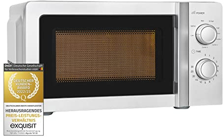 Exquisit Mikrowelle MW717-070G silber | Mikrowelle mit Grill | 900 W Grill | Drehteller 245 mm Ø | Garraum 20 Liter | Lackiert | 5 Leistungsstufen | Auftau-Programm | Timer