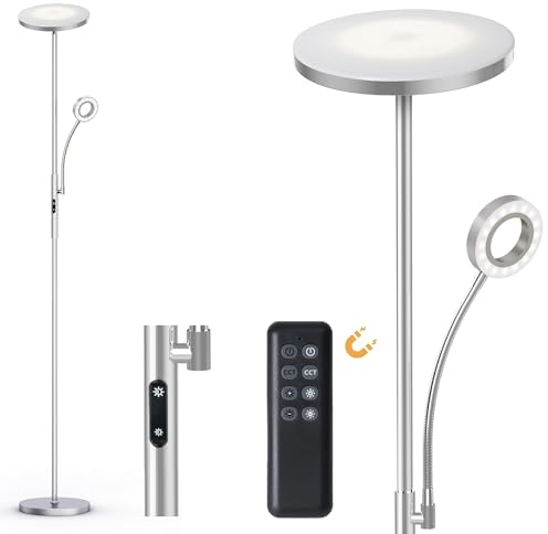 Modlicht 35W Stehlampe LED Dimmbar Silber, 4200LM Deckenfluter LED mit Leselampe, 3000-6000K Stehleuchte Wohnzimmer mit Fernbedienung & Touch-Steuerung, Stehlampe Leselampe für Schlafzimmer Büro