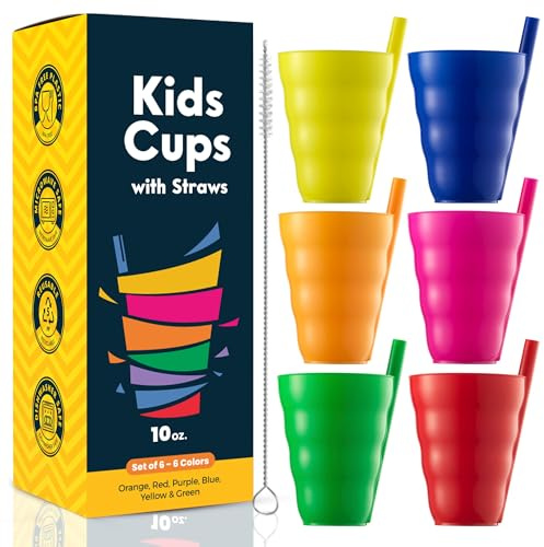 JoyServe Kinderbecher mit Strohhalm 6er Set 300 ml BPA-frei Trinkbecher | Stapelbare Kunststoffbecher mit integriertem Trinkhalm in 6 Neonfarben, spülmaschinenfest, inkl. 3 Reinigungsbürsten