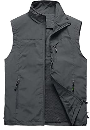 Mann dünne lässige Wasitcoat, Weste mit vielen Taschen, Sommer Reißverschluss Regelmäßige Weste, dunkelgrau, XXXL