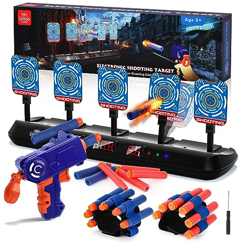 Lehoo Castle Elektrische Zielscheibe mit Spielzeugpistole, für ab 3 Jahren | 5 Klappziele, 3 LCD Anzeigen, Kompatibel mit Nerf Pistolen, Automatische Rückstellung, Soundeffekte, Indoor und Outdoor Spiel