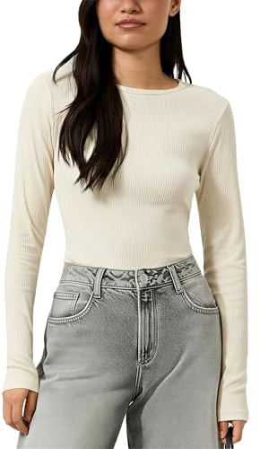 QS Damen T-Shirt – Geripptes Langarmshirt Slim Fit Rundhals