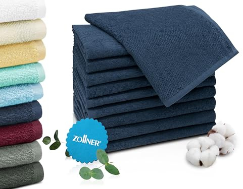 ZOLLNER 10er Set Gästehandtücher in 30x50 cm - saugstarke und weiche Gästetücher in dunkelblau - mit praktischem Aufhänger - waschbar bis 60°C - Baumwolle - Hotelqualität