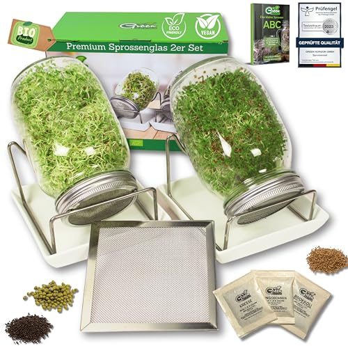 Green SEEDS® [Das Original Sprossenglas 2er Set + KRESSESIEB + 3 x Saatgut-Set mit hochwertigem Edelstahl-Gitterdeckel, Ständer, Keramikschale + Sprossen-ABC [Druckversion] Keimglas Anzuchtset