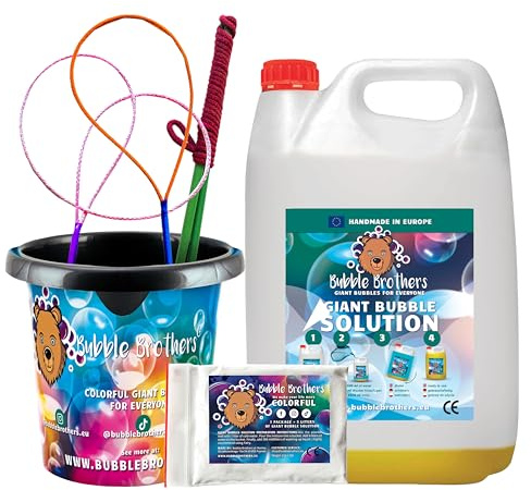 Bubble Brothers Riesenseifenblasen Set 6 Teiliges 3 Seifenblasenstäbe 10 Liter (5+5) Seifenblasenflüssigkeit und Bubble Eimer Seifenblasen Set für Seifenblasen Show, Hochzeit Seifenblasenstab