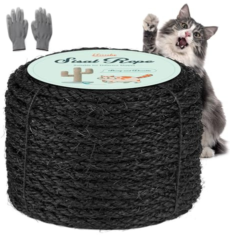 ilauke 60M Sisalseil für Kratzbäume, 8mm Natur Sisal Seil, Kratzbaum Ersatzteile, Schwarzes Sisalseil für Kratzbäume, Gartendekoration Basteln Katzen Zubehör DIY Haushalt Dekoration
