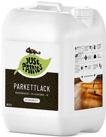 Just Paints - Parkettlack auf Wasserbasis | Seidenmatte Versiegelung für Holzböden, schnelltrocknend & umweltbewusst - made in Germany (farblos - seidenmatt, 5L)
