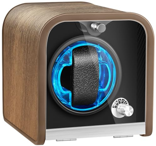 Uhrenbeweger für Automatikuhren, Uhrenbeweger mit 1/2/4 Fächern für Rolex, Uhrenbox mit superleisem Motor, 4 Rotationsmodi und LED-Beleuchtung, Geschenk für Männer (1 Slot Brown)