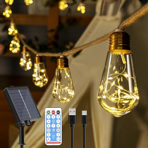 Ollny 8M Solar Lichterkette Aussen 16 S17 Glühbirnen 8 Modi Timer USB | Wetterfest, Dimmbar Vintage-Design, mit Fernbedienung, Warmweiß, für Außen, Garten, Balkon, Terrasse, Hochzeit und Party