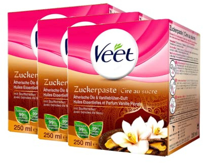 Veet Sugaring Zuckerpaste Vanilleblüte zur Haarentfernung für spürbar glatte Haut für bis zu 4 Wochen, 3er Pack, 750ml (3 x 250ml), 219g