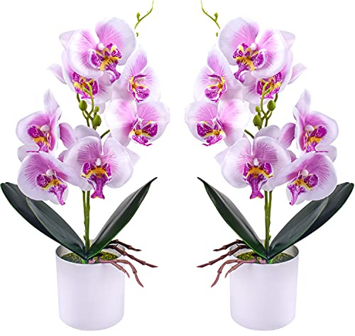 XONOR Künstliche Orchideenblumen, 2 Stück eingetopfte Orchideenblüten Gefälschte Orchideen mit Plastikvase für Tischdekoration Wohnkultur Büro Hochzeitsfeier Dekoration (Lila)