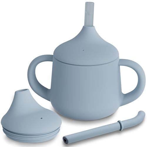 Moonkie Silikon Trinklernbecher ab 6 Monate, Schnabeltasse mit Strohhalm | Auslaufsicher, 3-Stufen-Übergang, 2 Strohhalme mit unterschiedlichem Durchfluss, BPA-frei, Spülmaschinenfest, 120ml, Äther