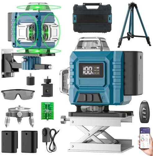 Kevsuvqin Kreuzlinienlaser mit Stativ, Laser Wasserwaage mit 2x3000mAh Batterien & LED-Anzeige, 4x360 Grad Laser Level, 4D 16 Linienlaser Selbstnivellierend/APP/Fernbedienung/IP54 Wasser- & Staubdicht
