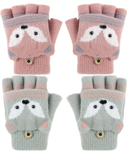 CHDZSW 2 Paar Halbfinger Handschuhe Mit Flip Top, Fingerlose Fäustlinge Für Kinder, Cartoon Kinder Winter Strick Finger, Warm Handschuhe für Jungen Mädchen mit Feiertags Geschenke, 7-10 Jahre