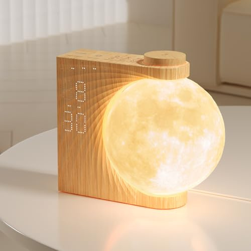 RETEYUNG 3D Mondlicht mit 2 Wecker, Lichtwecker Sonnenaufgang, RGB 8 Colors, Tageslichtwecker mit 10 Natürlicher Klang, Geschenke für Frauen Mädchen Jugendliche und Studenten (Manuelle Rotation)