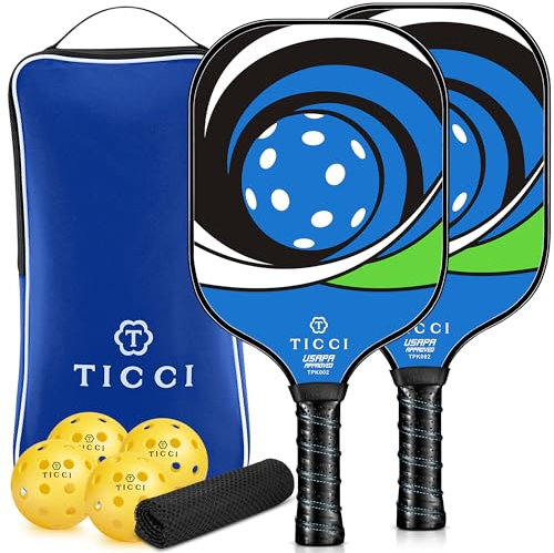 Ticci Pickleball-Schläger-Set, 2 hochwertige Graphit-Schläger, Wabenkern, 4 Bälle, ultra gepolsterter Griff, tragbare Schlägerhülle, Tasche, Geschenk-Set für Männer, Frauen, Kinder, drinnen und