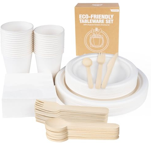 Anstore 200 Stück Weiß Runde Pappteller Partygeschirr Set für 25 Gäste | Einweggeschirr Set Pappteller Becher Servietten Messer Gabeln für Hochzeit Geburtstag Camping
