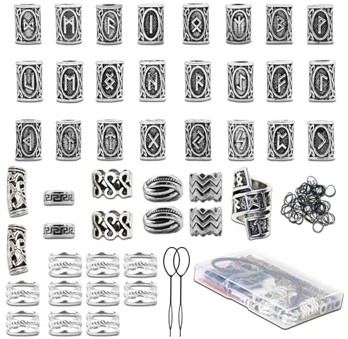 Cozevdnt Wikinger Silber Dreadlocks Schmuck Set, 67 Stück Braids Zubehör Set, Wikinger Haarperlen, Mittelalter Schmuck, Hair Beads
