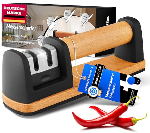 Shipeero Messerschärfer Testsieger, Messerschärfer Profi, Messerschleifer Profi, Messerschleifer Testsieger, Knife sharpener, Ergonomisches Umweltfreundliches Buchenholz Design