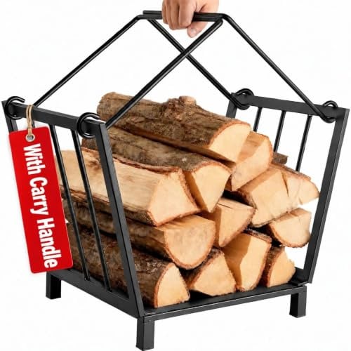 Amagabeli Holzkorb Kaminholz 52 x 35 x 32 cm Kaminholzkorb Brennholzkorb | Feuerholzkorb Holzwiege aus Stahl mit stabilen Henkeln Tragekorb für Holzofen, dekorativer Kaminholzkorb für Innen & Außen