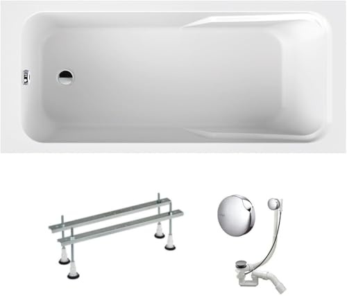 VBChome Badewanne 170 x 70 cm Weiß Acryl Wannenfüße Siphon Wanne Rechteck Design Modern Ablaufgarnitur in Chrom