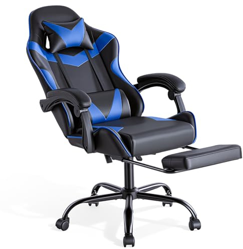 Sweetcrispy Gaming Stuhl, Ergonomisch Gaming Chair, Modernes Blau | Bürostuhl mit Fußstütze, Kopfstütze Lendenkissen, 90-150° einstellbar, Leder Drehbar, Schreibtischstuhl Computerstuhl