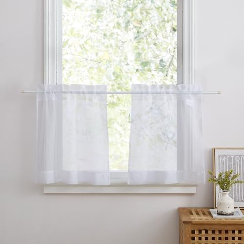 PONY DANCE Scheibengardinen Modern Fenstergardinen 2er Set B 60 x H 45 cm Stores Gardinen Weiß Transparent Vorhang mit Stangedurchzug Bistrogardine Küche Kurzgardinen für Kleine Fenster
