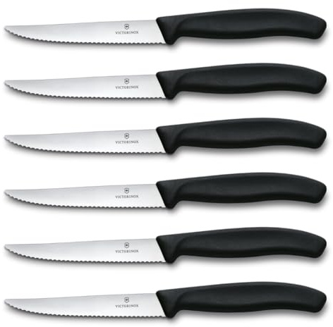 Victorinox Swiss Classic Profi Steak- und Pizzamesser-Set, 6-teilig, Tafelmesser, Wellenschliff, Scharfe Klingen, 11 cm, Robuste Kunststoffgriffe, Schwarz