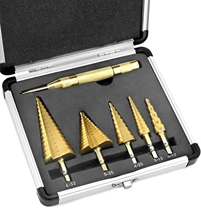 QWORK® 5 tlg Stufenbohrer Kegelbohrer - Titanbeschichteter HSS 4241-4-12mm / 3-13mm / 4-20mm / 5-35mm / 4-32mm - für Blech Metall Holz Kunststoffe