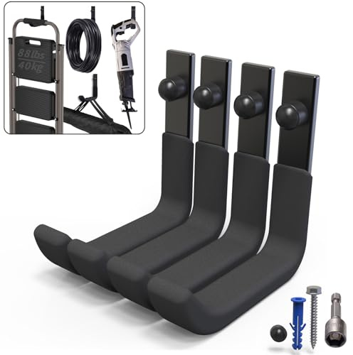 SunVFaFa 4 Stück Schwerlast Wandhaken Garage, Robuste J Garagenhaken, Haken zum Aufhängen, Stahl-Wandhalterung Werkstatt Organizer für Aufbewahrung von Leitern, Werkzeugen, Gartengeräten (10cm, 40kg)