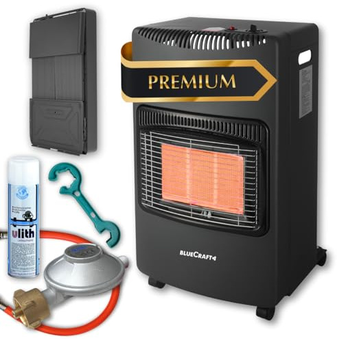 Bluecraft Heizofen Gas 4,2 kW + Druckregler Gasschlauch Gasregler Schlüssel | Gasheizofen für Innenräume, Infrarot Heizstrahler, Gasheizer, Notofen, Camping Heizung, Notheizung für Gasflasche 5kg 11kg