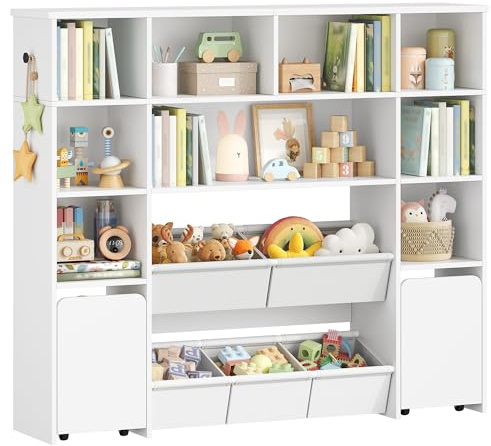 Hzuaneri Kinderregal mit 2 Rollboxen & 4 Ebenen, 30 x 140 x 120 cm, Weiß | Bücherregal, Kinderbücherregal, Spielzeugregal, Aufbewahrung mit 2 Rollboxen, 4-stöckig, für Kinderzimmer Wohnzimmer KB75203W